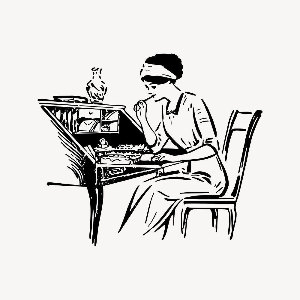 Woman studying clipart, vintage illustration vector. Free public domain CC0 image.