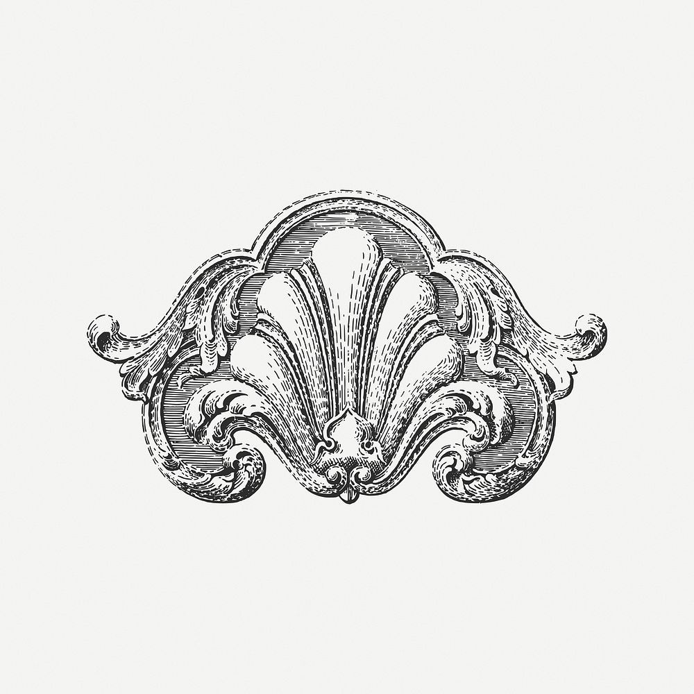Baroque ornament collage element, black & white illustration psd. Free public domain CC0 image.