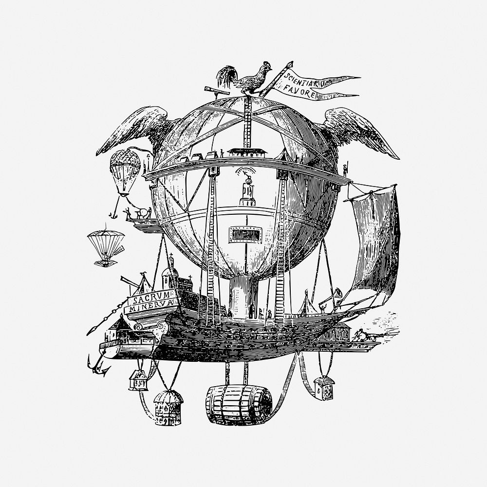 Steampunk airship, black & white illustration. Free public domain CC0 image.