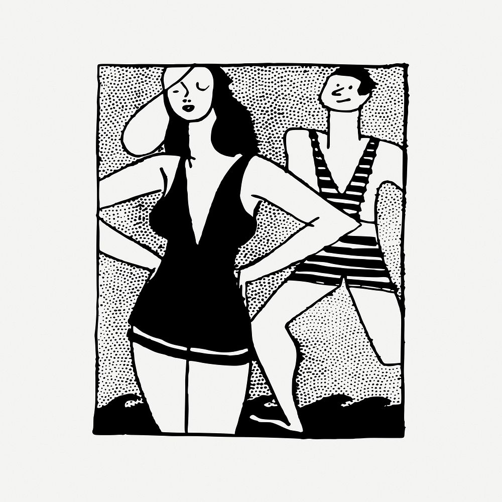 Couple in swimsuit collage element, black & white illustration psd. Free public domain CC0 image.