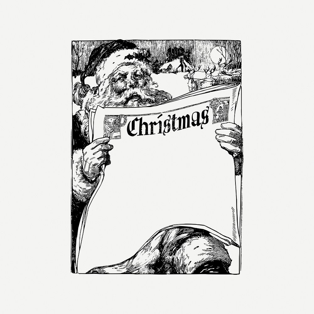 Santa clause collage element, black & white illustration psd. Free public domain CC0 image.