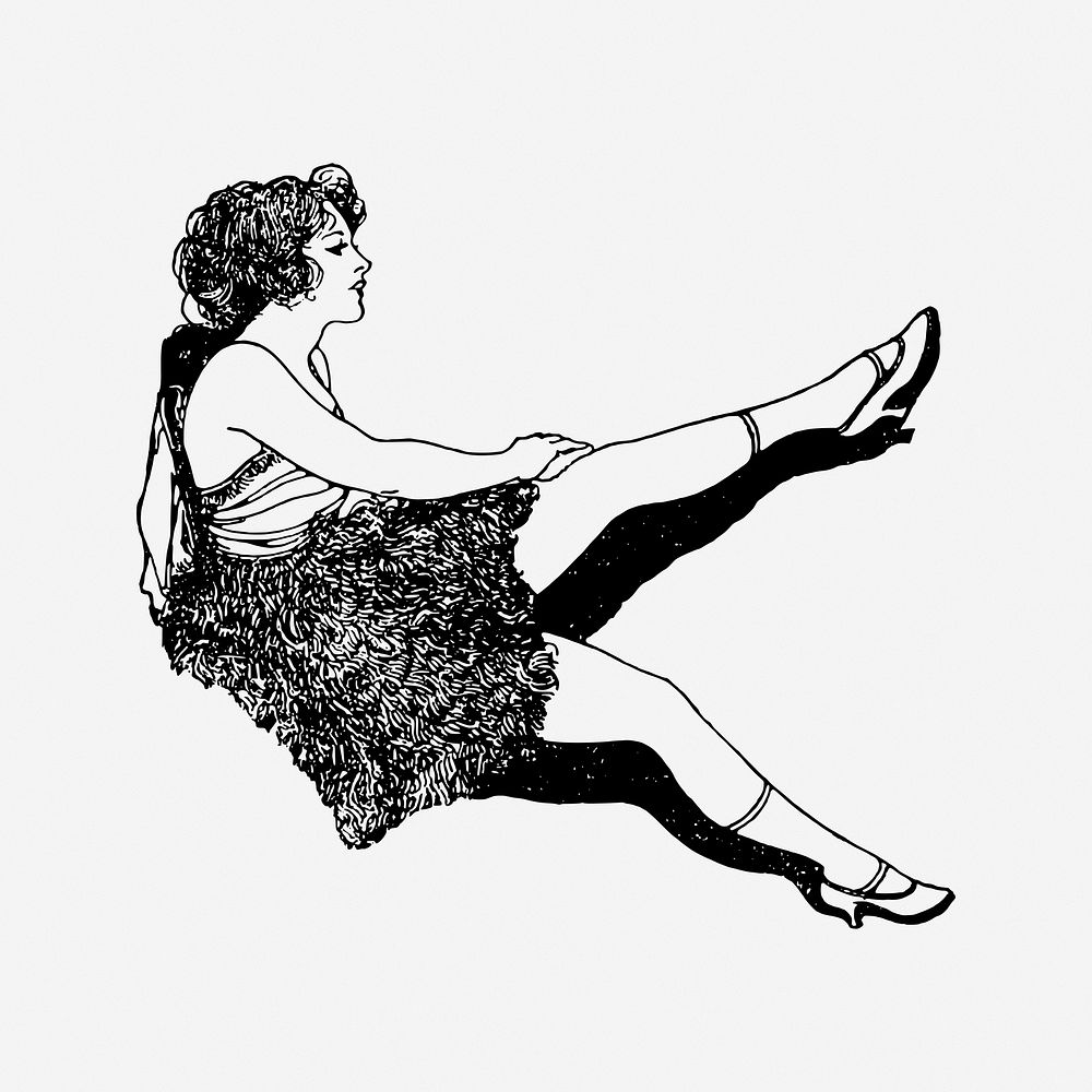 Woman dancer, black & white illustration. Free public domain CC0 image.