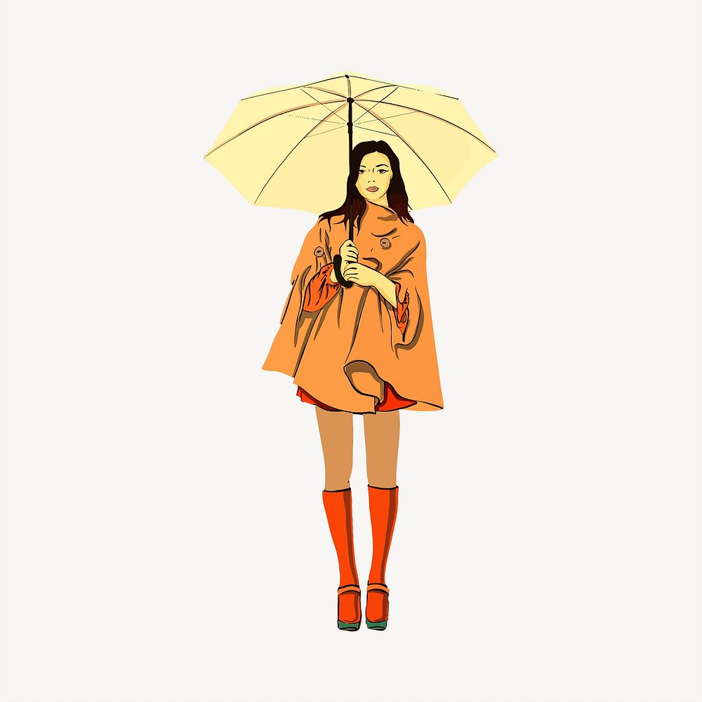 Woman holding umbrella illustration. Free public domain CC0 image