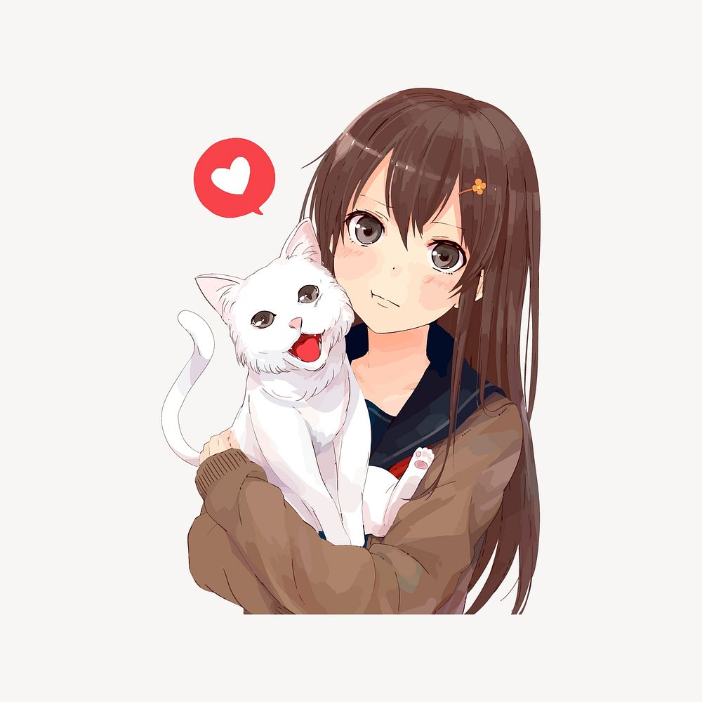 Anime girl with cat collage element vector. Free public domain CC0 image.