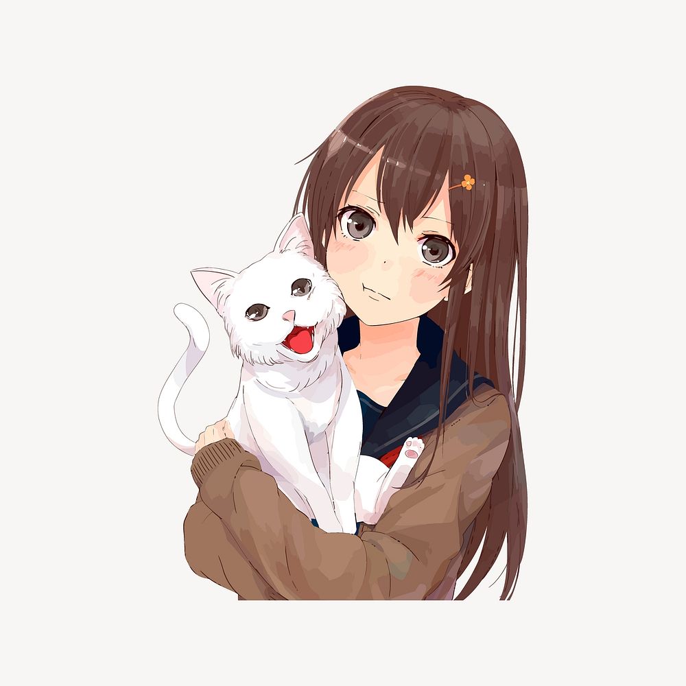 Anime girl with cat  illustration. Free public domain CC0 image.