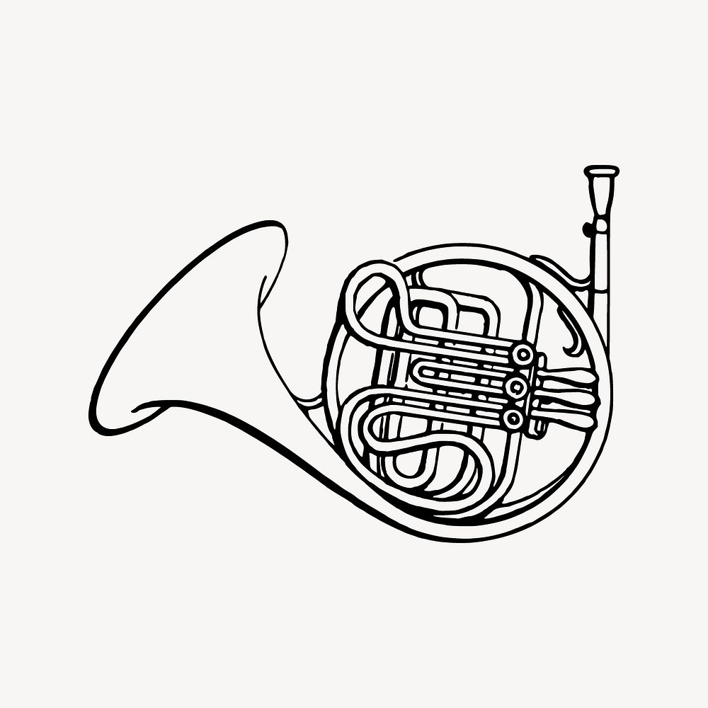 French horn clip art, vintage illustration. Free public domain CC0 image.