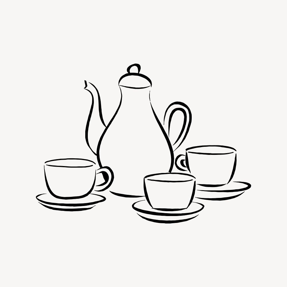 Tea set clipart, drawing illustration vector. Free public domain CC0 image.