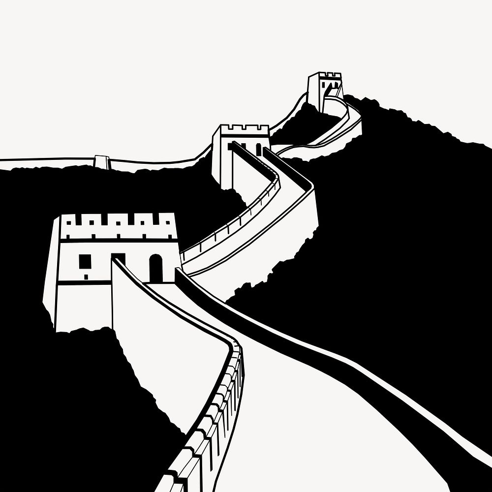 Great Wall of China silhouette clipart, architecture illustration psd. Free public domain CC0 image