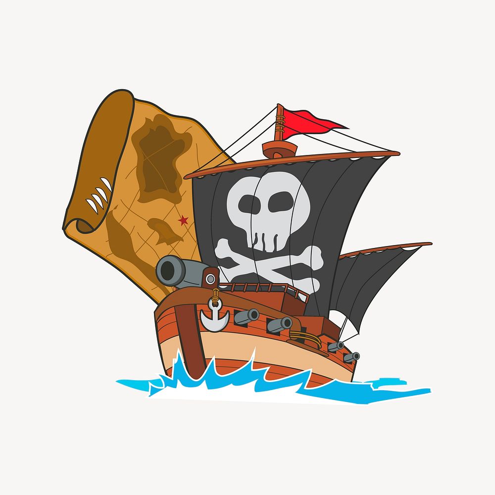 Pirate ship, cartoon illustration. Free public domain CC0 image