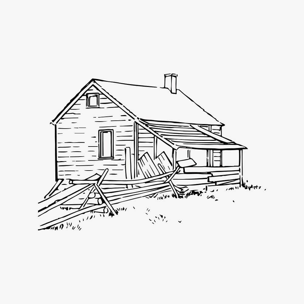 Ruined wooden house clipart, architecture illustration vector. 
