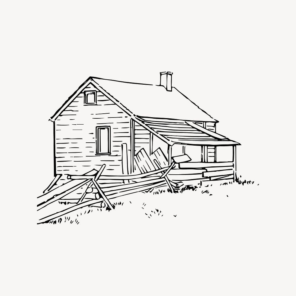 Ruined wooden house illustration. Free public domain CC0 image.