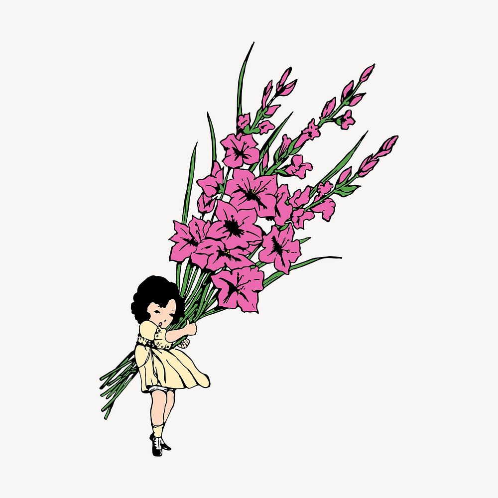 Girl and flower illustration. Free public domain CC0 image.