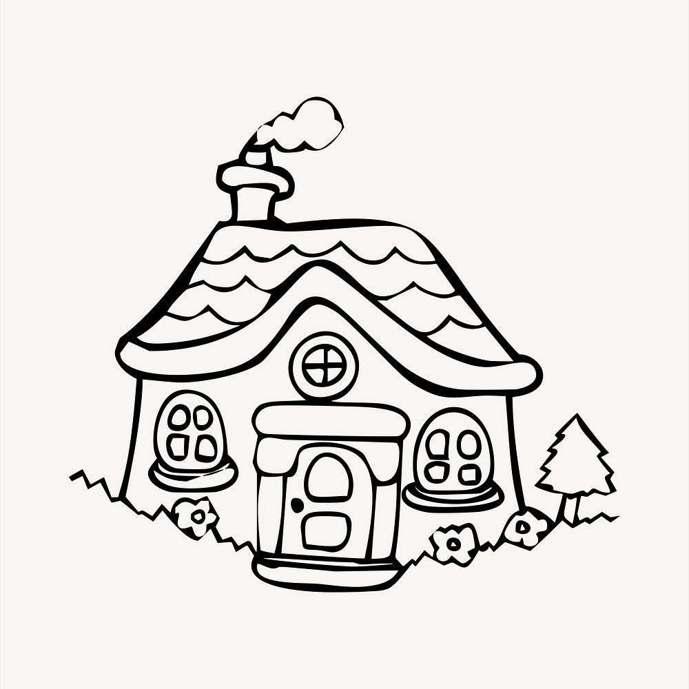 House cartoon collage element, black and white illustration vector. Free public domain CC0 image.