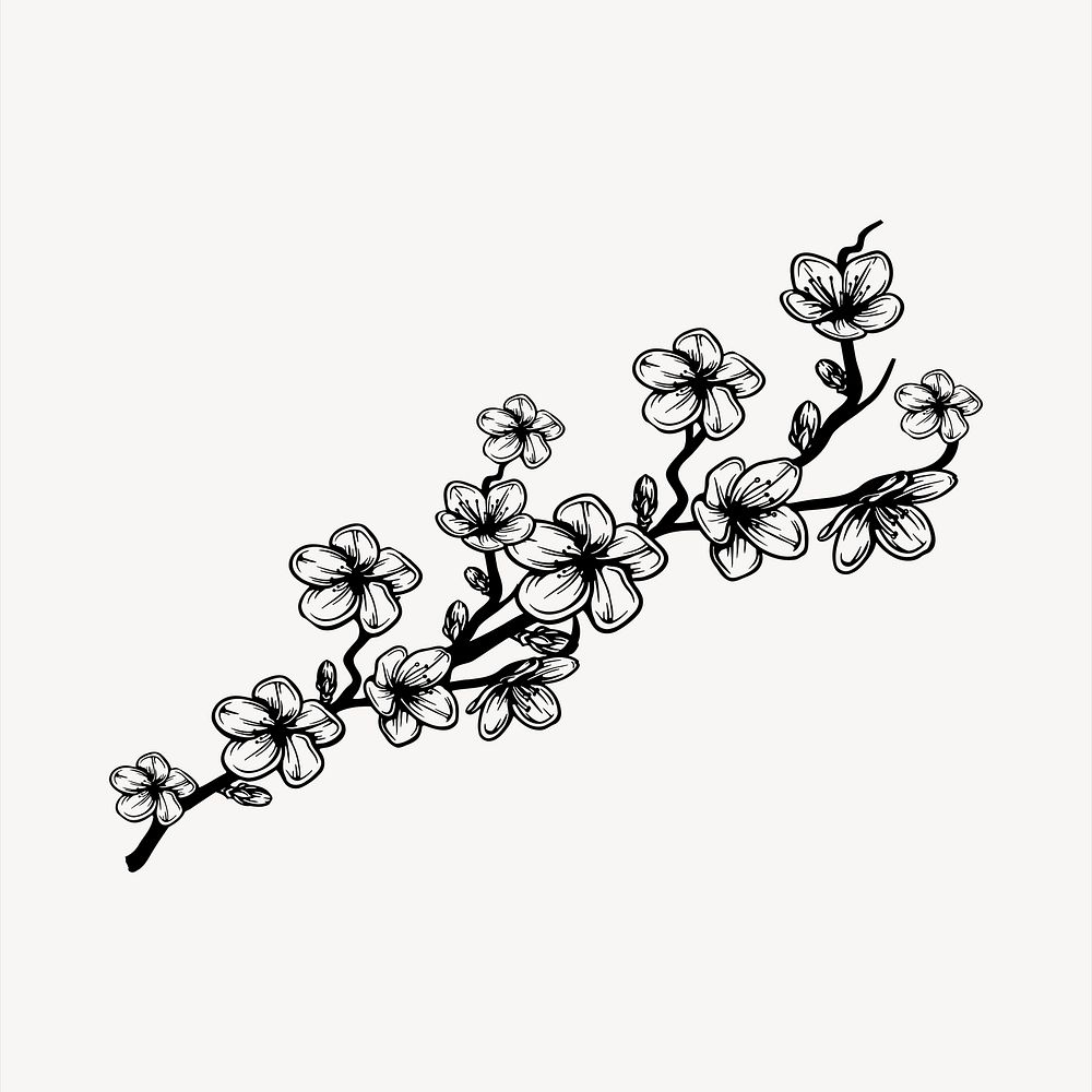 Flower branch  clipart, black and white illustration psd. Free public domain CC0 image.