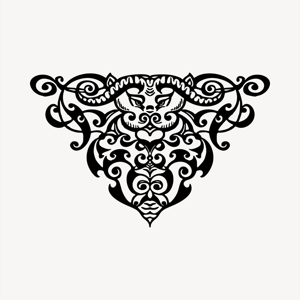 Ornamental  bull collage element, black and white illustration vector. Free public domain CC0 image.