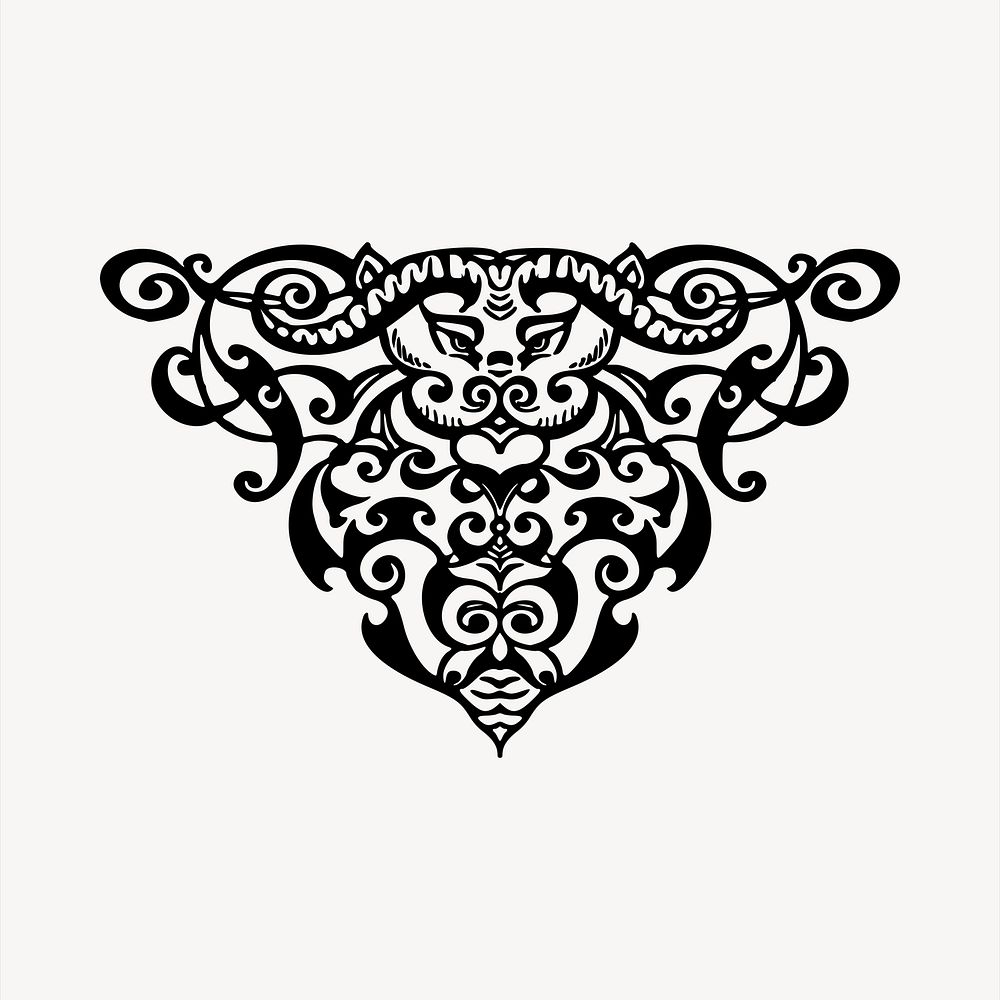 Ornamental  bull clipart, black and white illustration psd. Free public domain CC0 image.