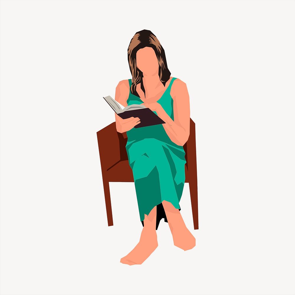 Woman reading book clipart, cute illustration. Free public domain CC0 image.