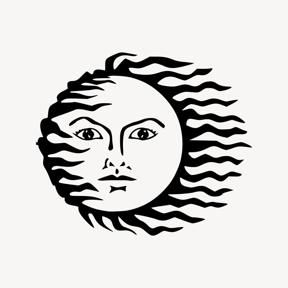 Celestial sun drawing, black and white illustration vector. Free public domain CC0 image.