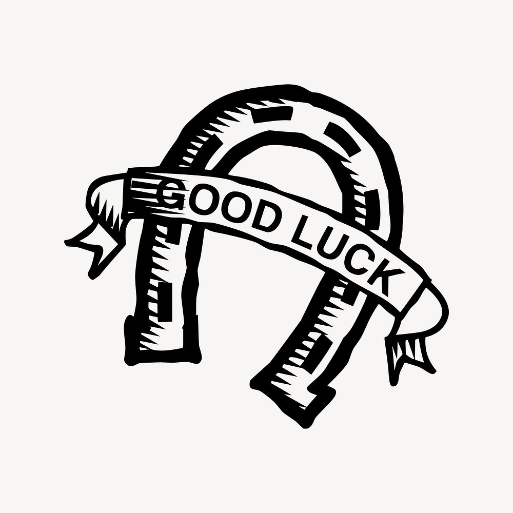 Horseshoe good luck illustration, black and white drawing. Free public domain CC0 image.