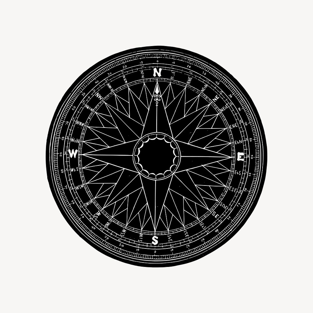 Compass drawing, black and white illustration vector. Free public domain CC0 image.