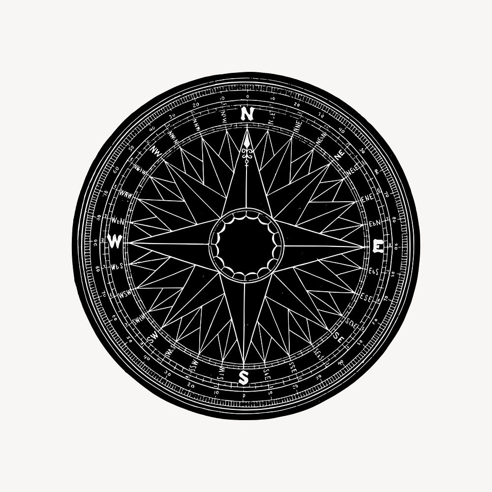 Compass illustration, black and white drawing. Free public domain CC0 image.