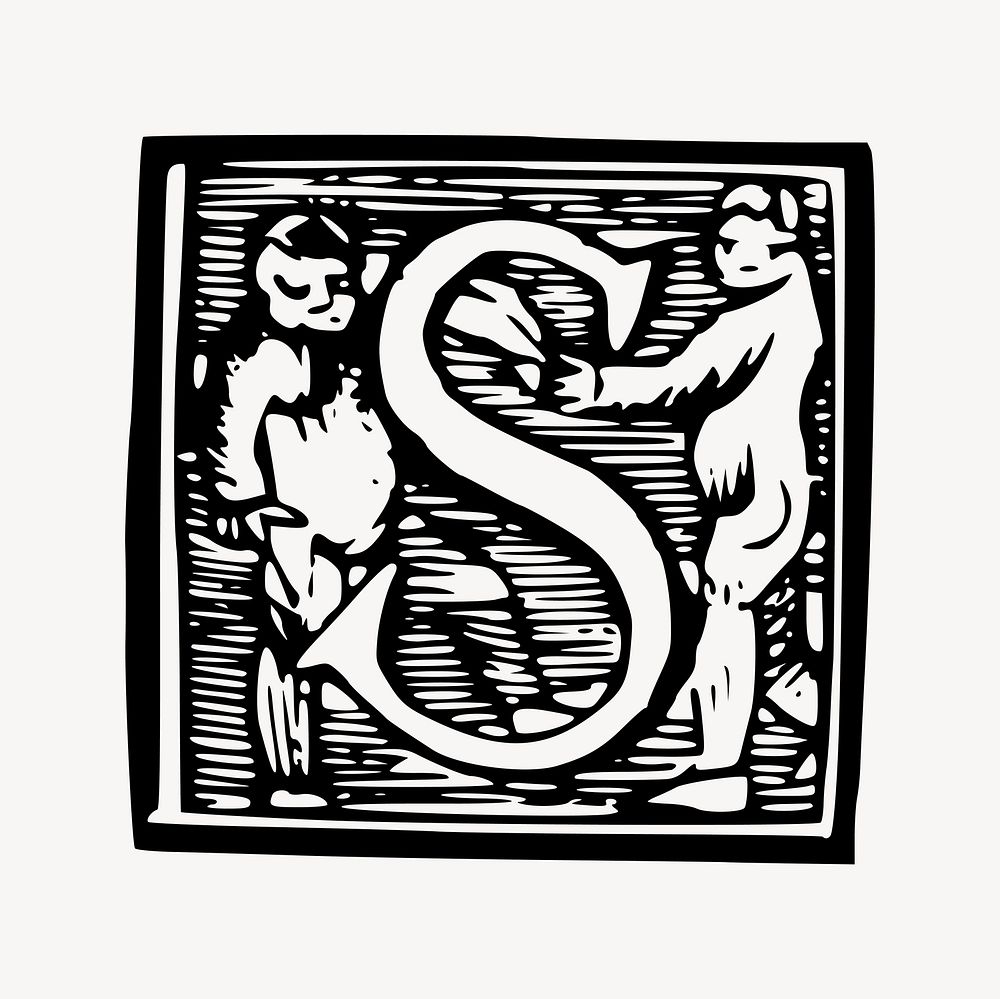 Vintage S alphabet drawing, black and white illustration vector. Free public domain CC0 image.