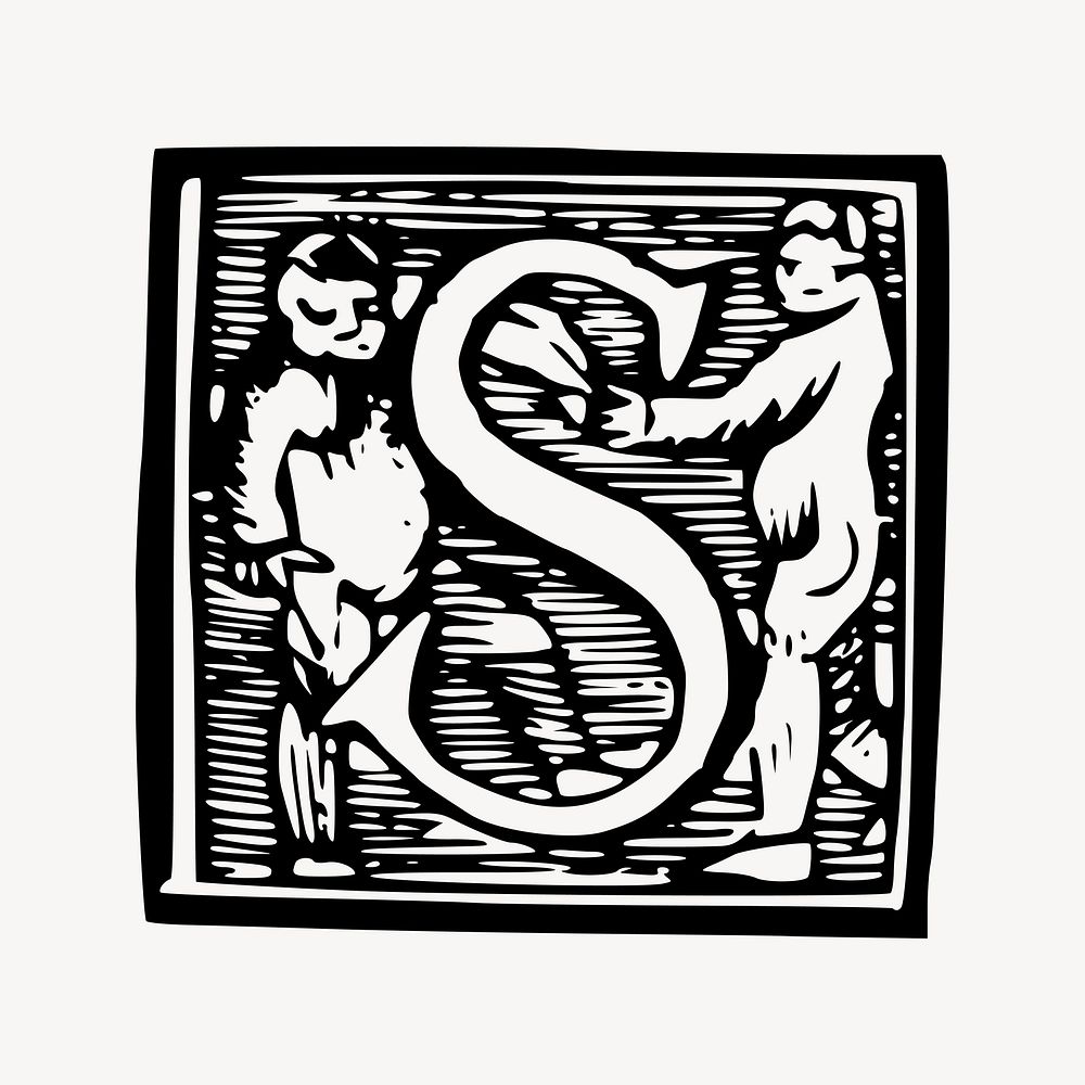 Vintage S alphabet illustration, black and white drawing. Free public domain CC0 image.