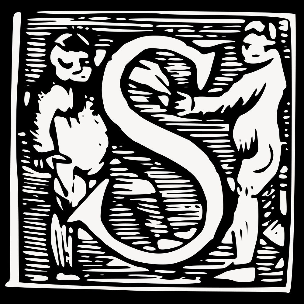 Vintage S alphabet illustration, black and white drawing. Free public domain CC0 image.