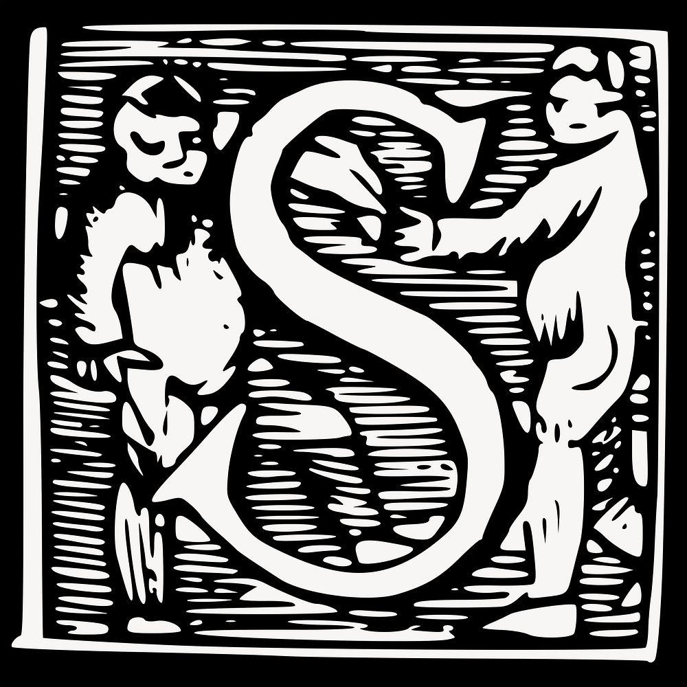 Vintage S alphabet drawing, black and white illustration psd. Free public domain CC0 image.