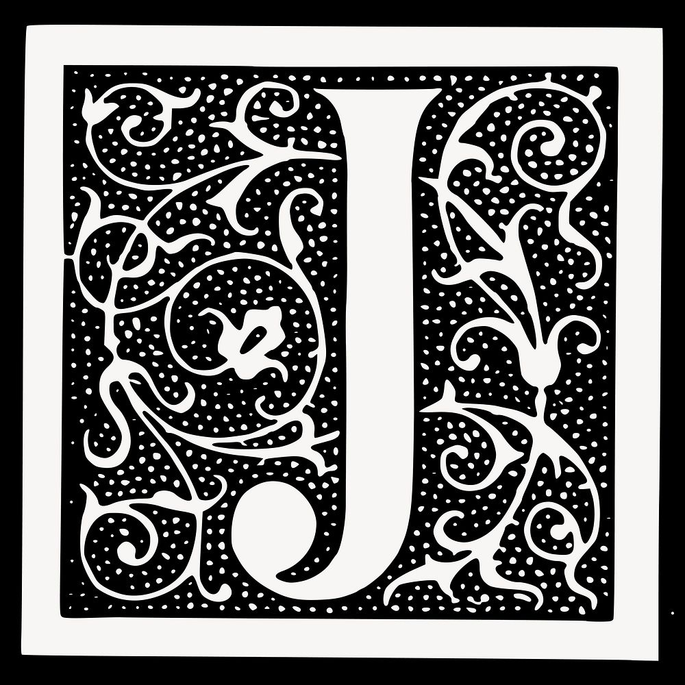 Vintage J alphabet  illustration, black and white drawing. Free public domain CC0 image.