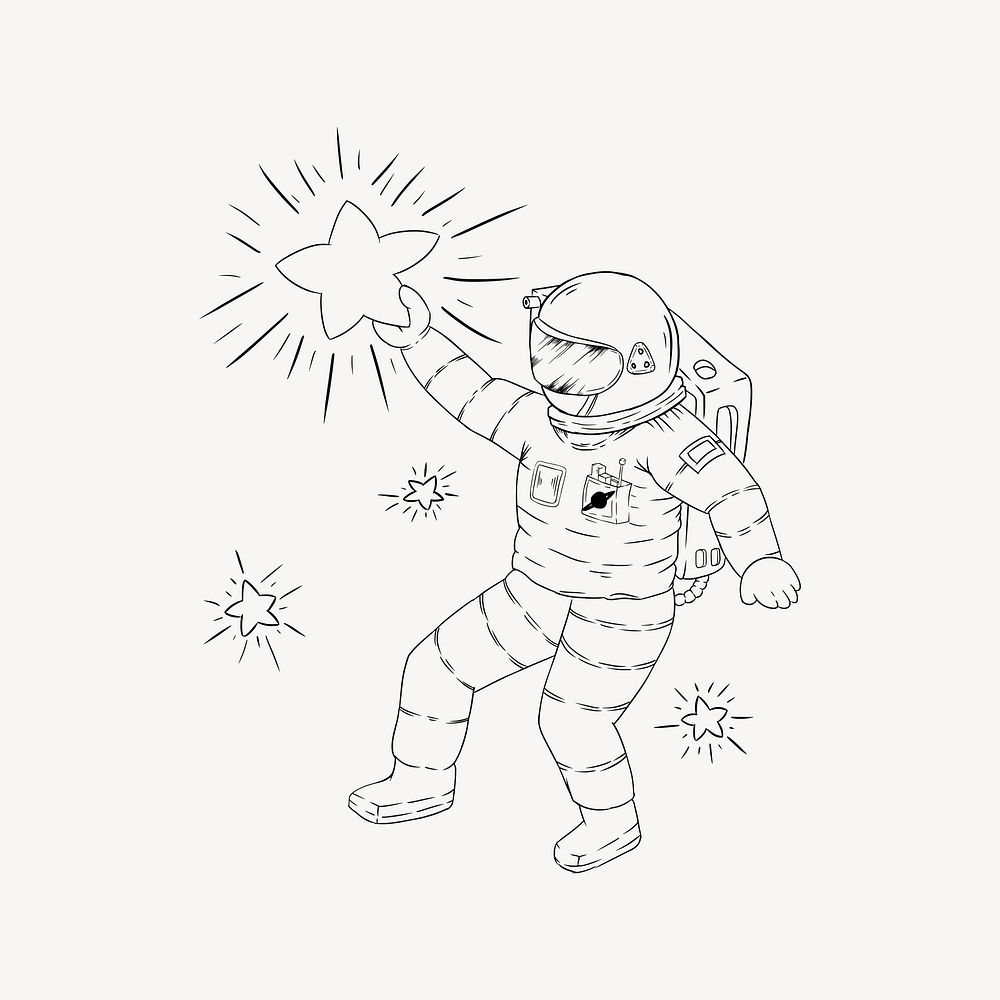 Astronaut line art drawing, black and white illustration psd. Free public domain CC0 image.
