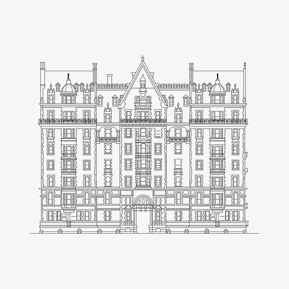 Mansion drawing, black and white illustration psd. Free public domain CC0 image.