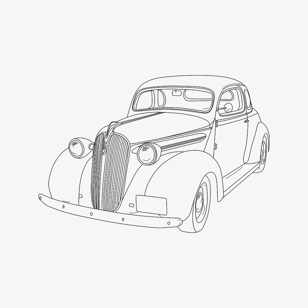 Vintage car illustration, black and white drawing. Free public domain CC0 image.