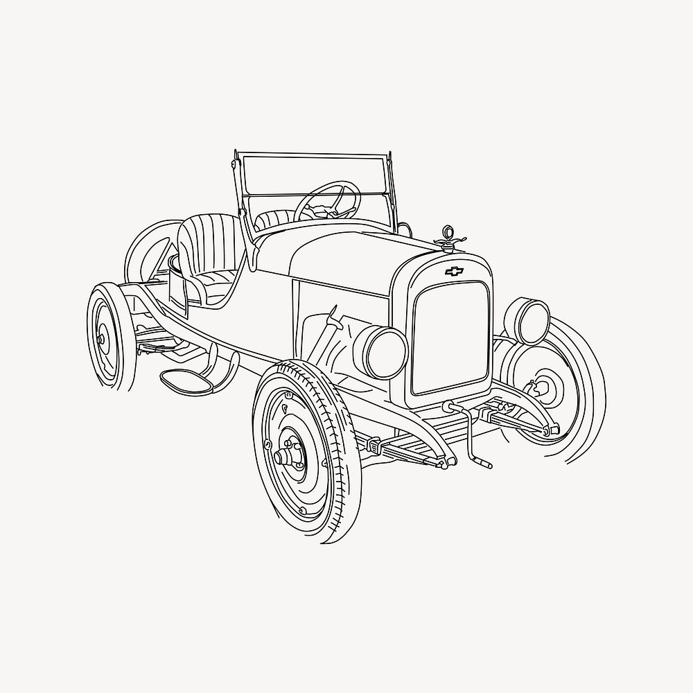 Vintage car illustration, black and white drawing. Free public domain CC0 image.