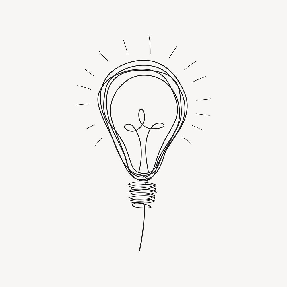 Light bulb illustration, black and white drawing. Free public domain CC0 image.