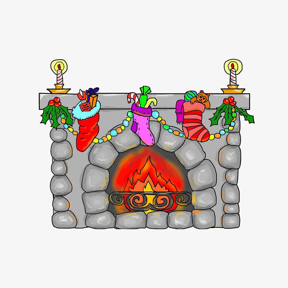 Christmas fireplace collage element, cute illustration vector. Free public domain CC0 image.