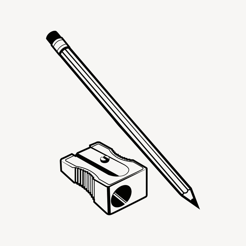 Pencil and sharpener illustration, black and white drawing. Free public domain CC0 image.