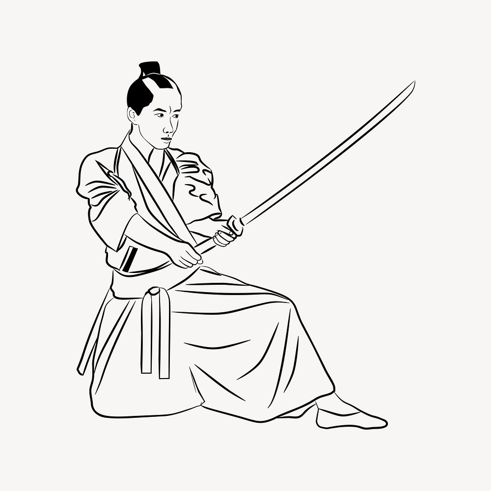 Japanese Samurai illustration, black and white drawing. Free public domain CC0 image.