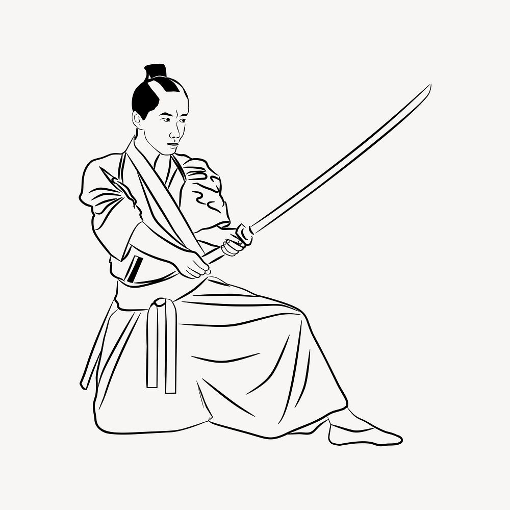 Japanese Samurai drawing, black and white illustration psd. Free public domain CC0 image.