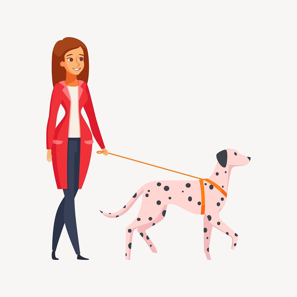 Woman walking a dog illustration. Free public domain CC0 image.