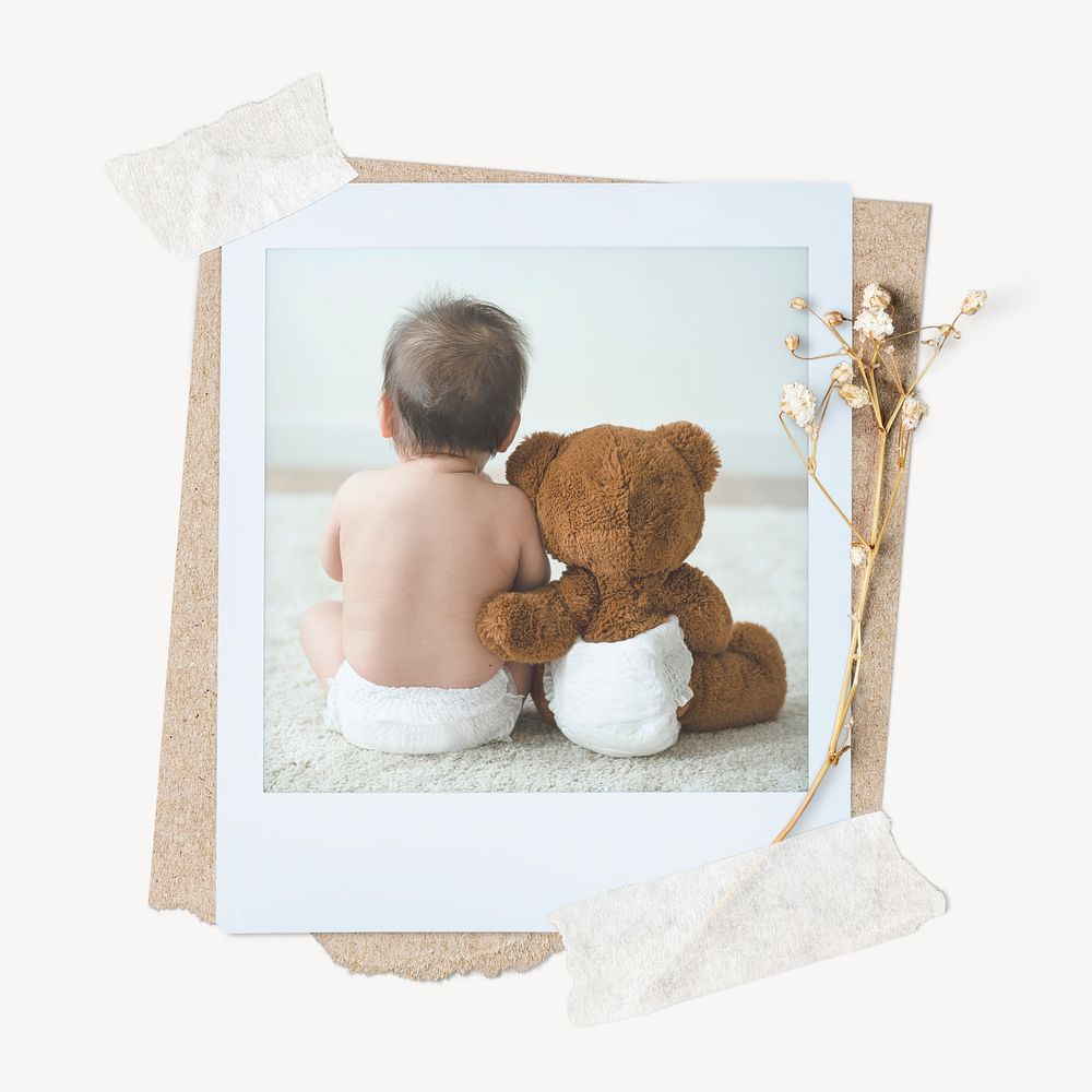 Baby & teddy bear instant film frame, aesthetic flower design