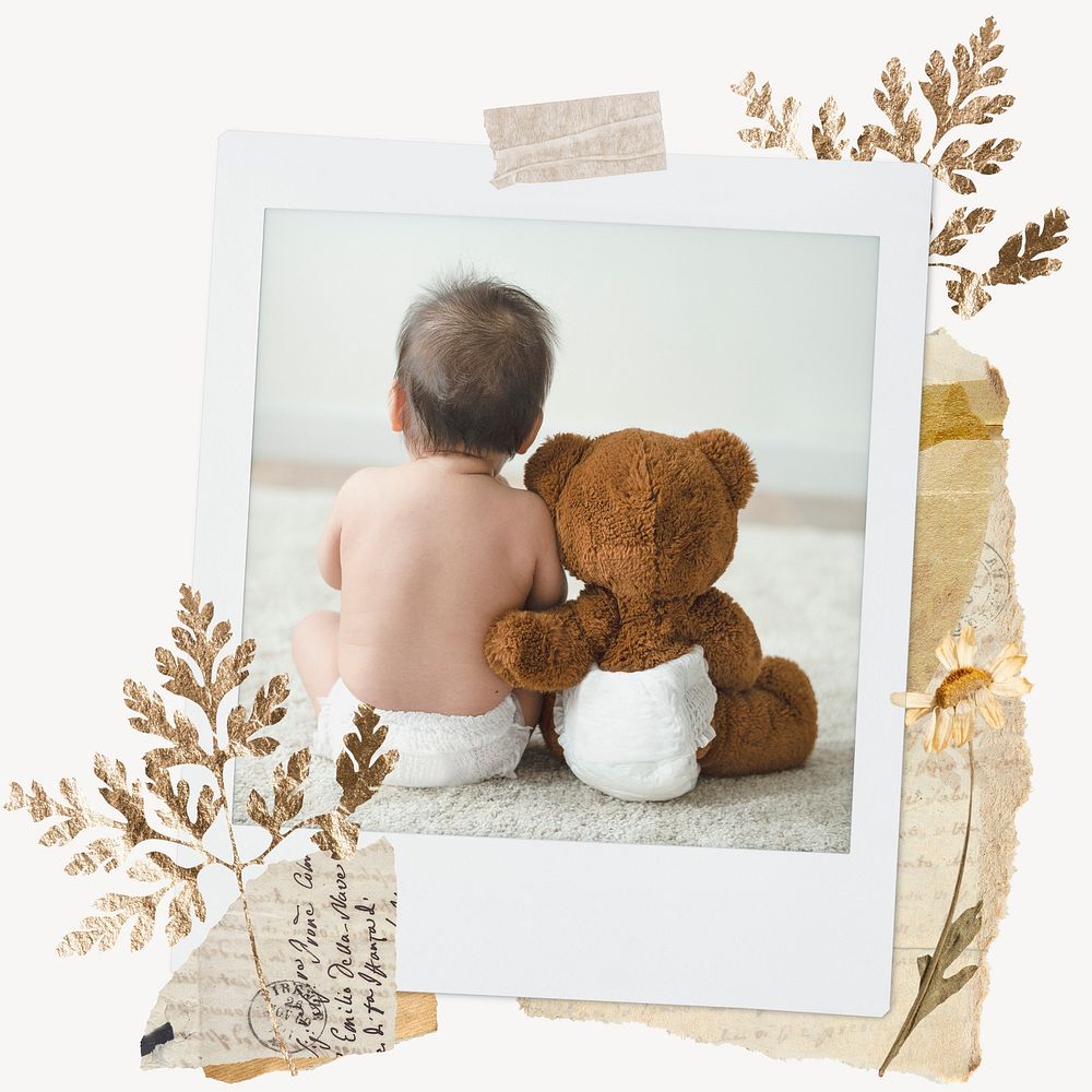 Baby & teddy bear instant film frame, aesthetic leaf design