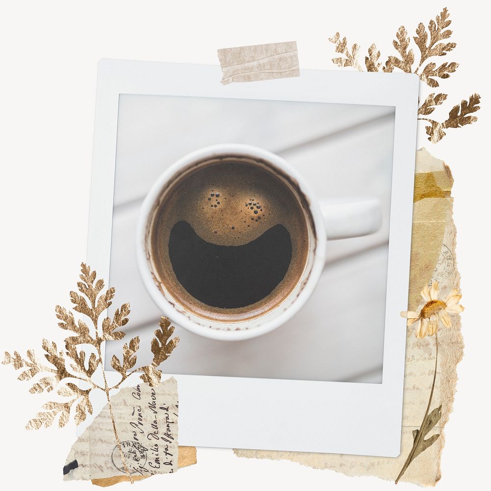 Coffee cup instant film frame, aesthetic leaf design