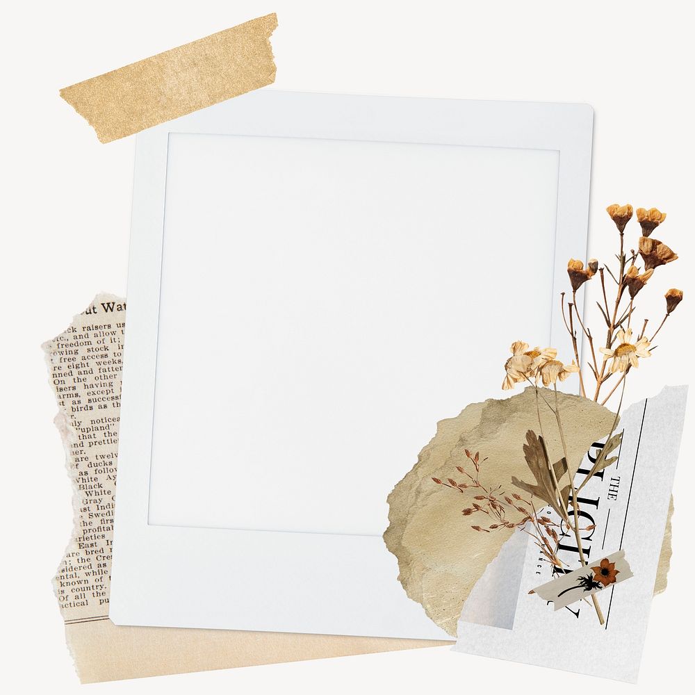 Brown paper instant film frame, aesthetic flower design