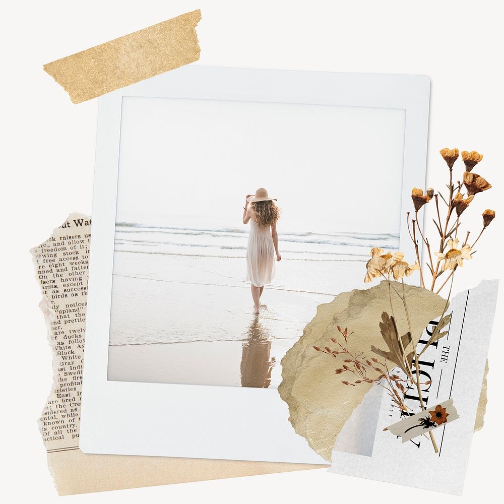 Woman walking on beach instant film frame, aesthetic flower design