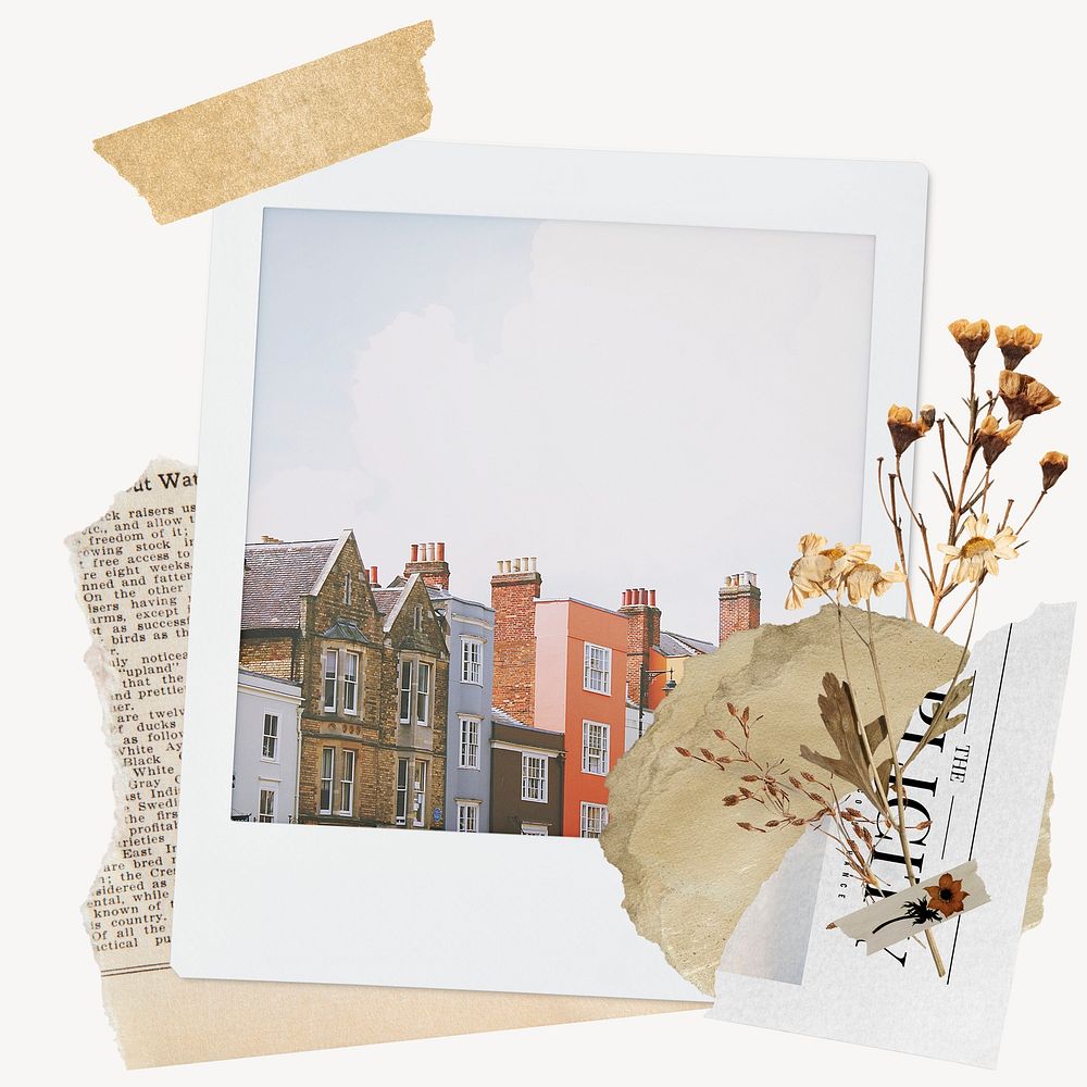 Colorful houses instant film frame, aesthetic flower design