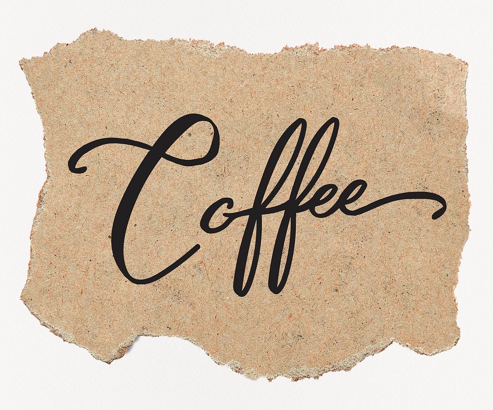 Coffee word, black calligraphy on ripped kraft paper