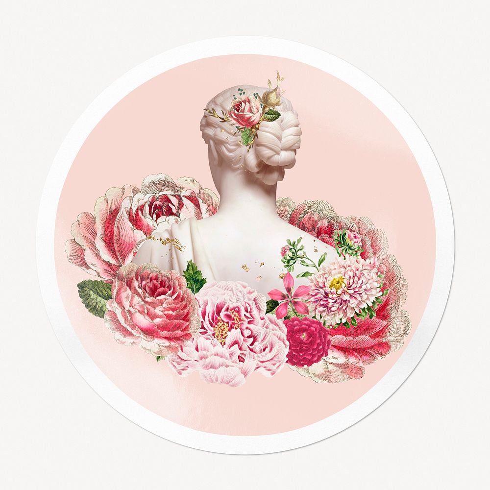 Floral Greek statue badge, Spring aesthetic isolated image