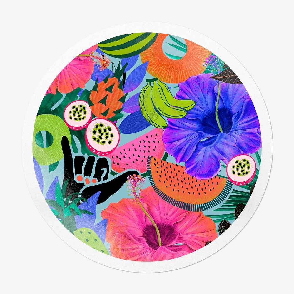 Exotic tropical pattern badge, fruits and flowers isolated image