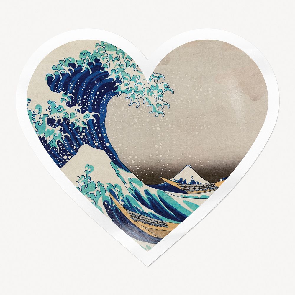 The Great Wave off Kanagawa heart badge, famous painting, remixed by rawpixel